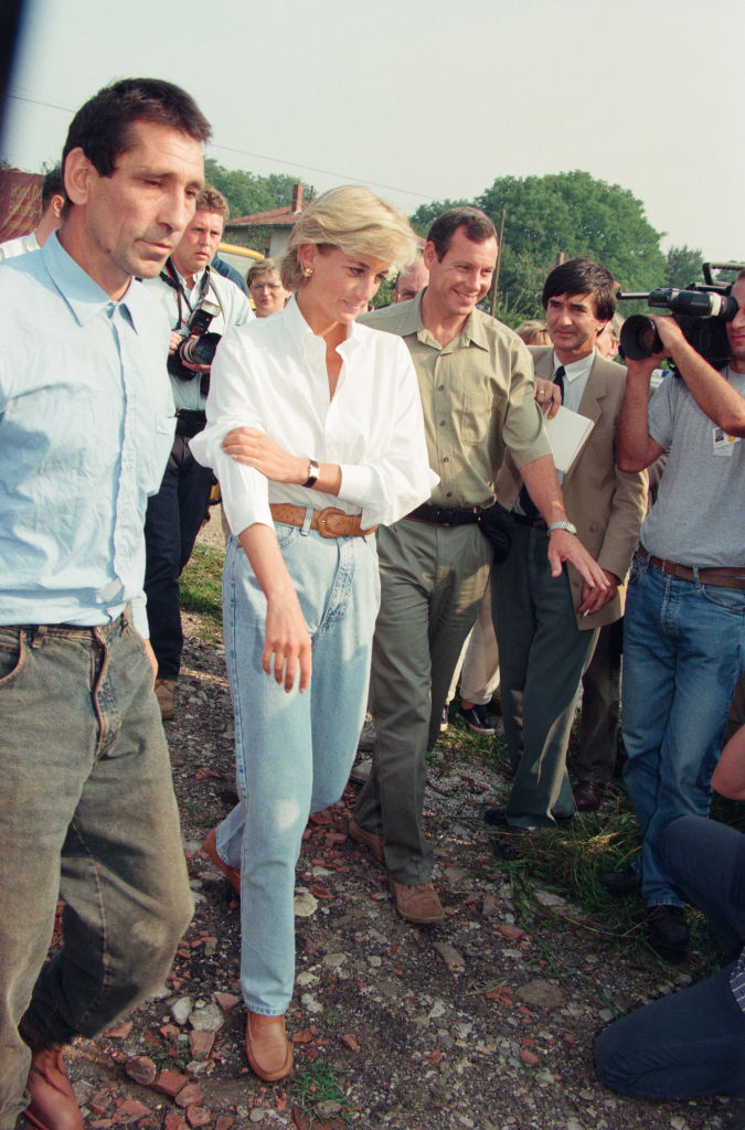 Diana, Princess of Wales makes a three day visit to Bosnia - Herzegovina as part of her campaign to raise awareness about the devastating effects landmines have on peoples lives and to call for a complete ban on the production, sale and use of land mines. The trip was organised by the American-based Landmine Survivors Network. Here she is on the 2nd day of her visit. 9th August 1997. (Photo by Kent Gavin/Mirrorpix/Getty Images)