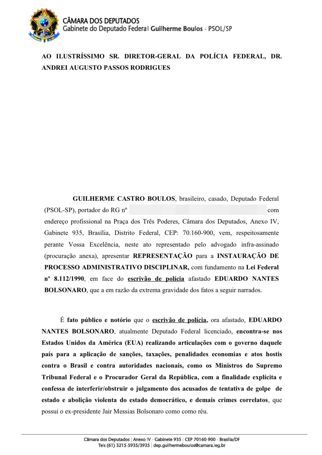 Pedido de inquérito disciplinar contra Eduardo Bolsonaro (PL-SP) enviado por Guilherme Boulos (PSOL-SP) à Polícia Federal