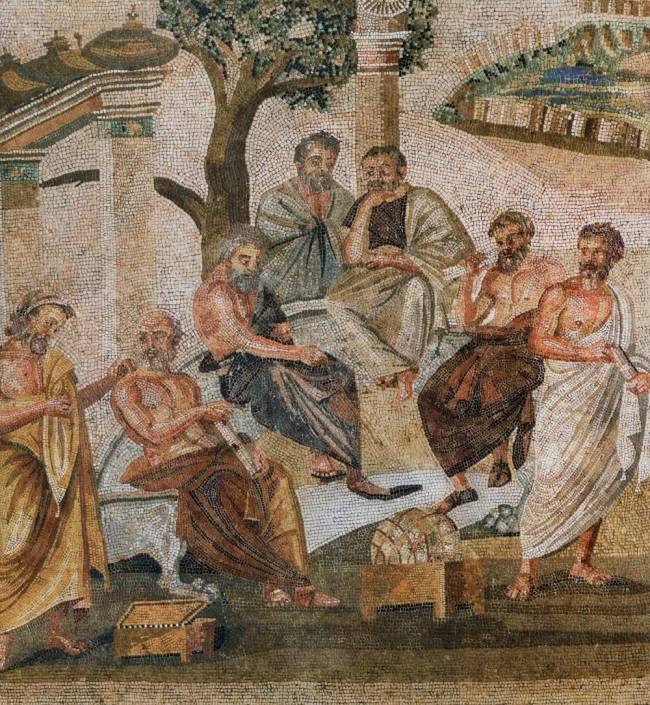 Um mosaico romano de Pompéia retrata a academia de Platão na Grécia.