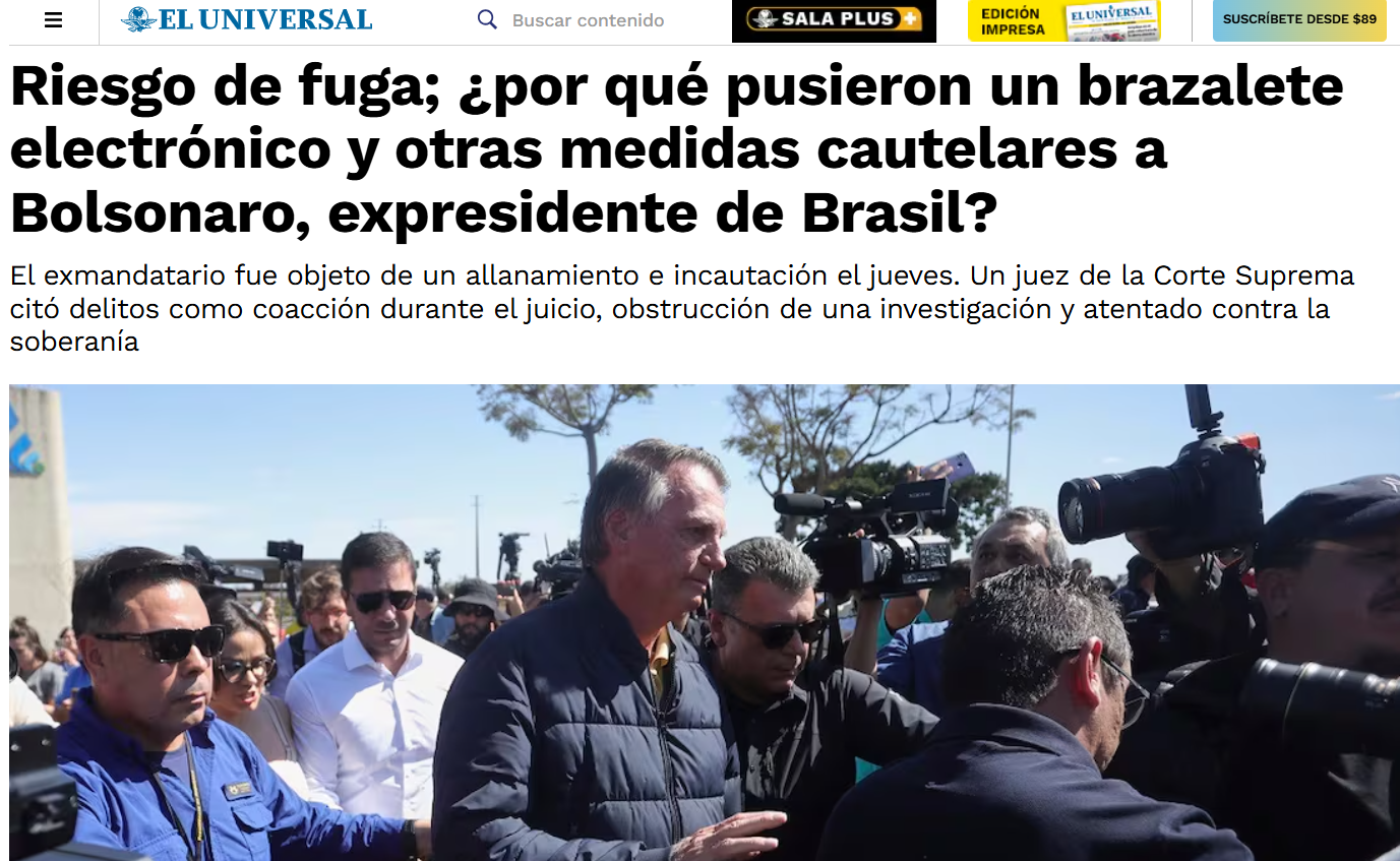 Publicação do periódico El Universal, do México, sobre Bolsonaro