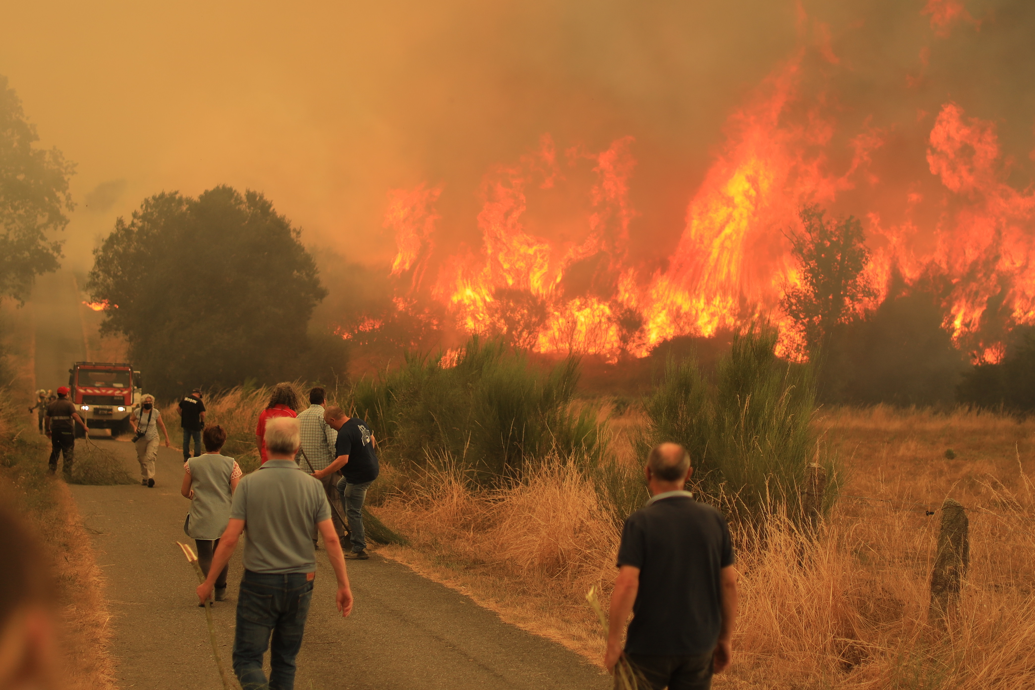 Bombeiros e moradores locais continuam a combater um incêndio florestal que começou na região de Cualedro, na província de Ourense, Espanha, em 15 de agosto de 2025. As autoridades informaram que os esforço