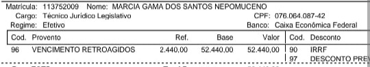 Documento da Câmara de Belford Roxo registra pagamento retroativo de 50 mil reais a Márcia Gama.