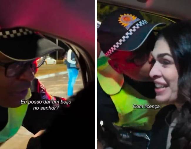 pm-caetano Policial Militar beija Caetano Veloso e Paula Lavigne em blitz