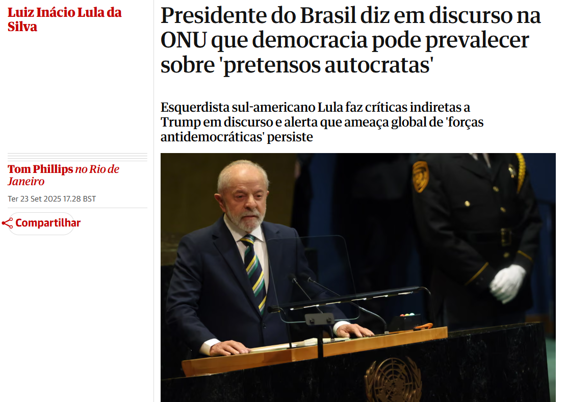 Matéria do jornal britânico The Guardian sobre o discurso de Lula na ONU. 23/09/2025