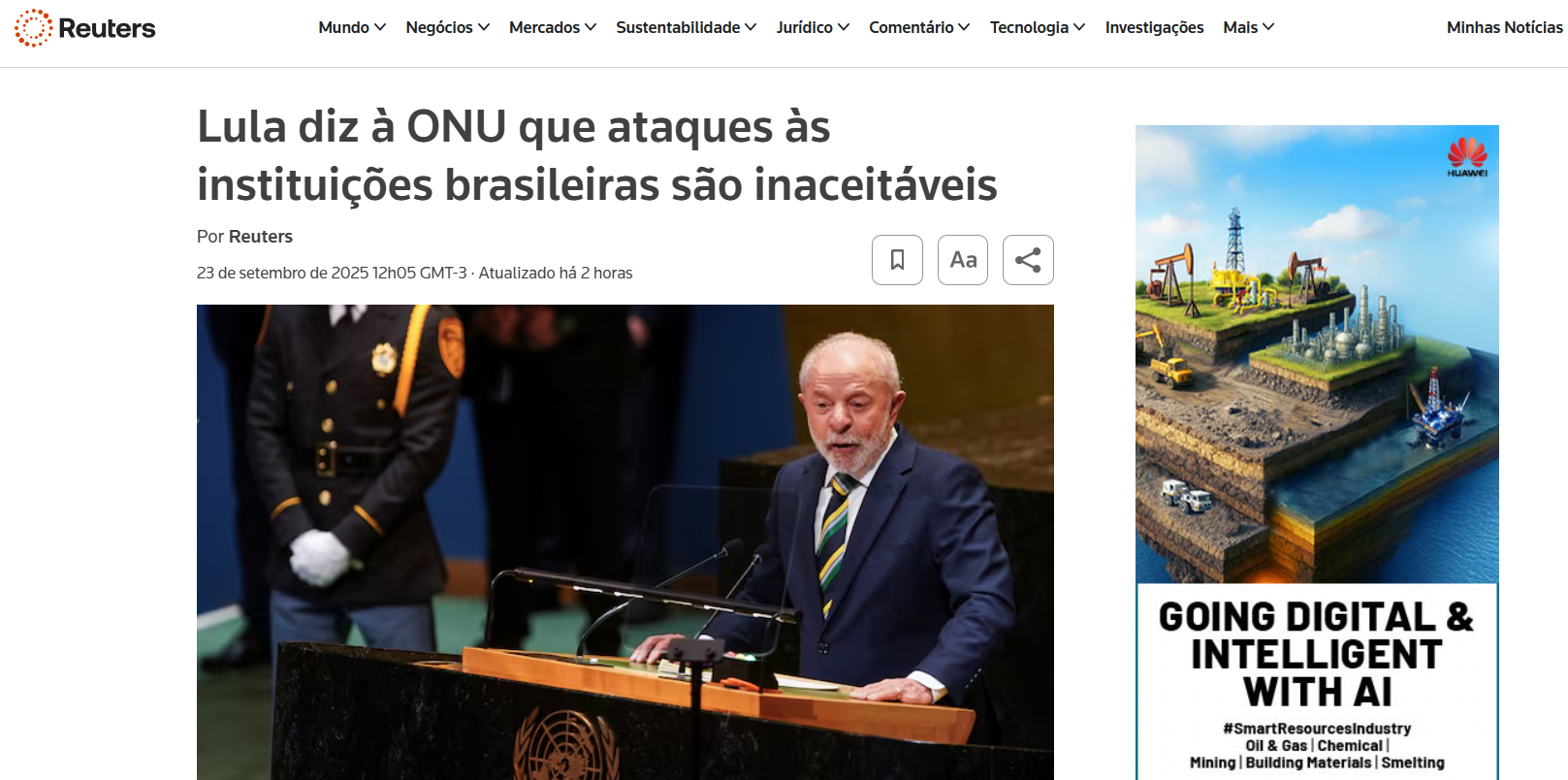 Reuters repercute discurso de Lula na Assembleia Geral da ONU. 23/09/2025