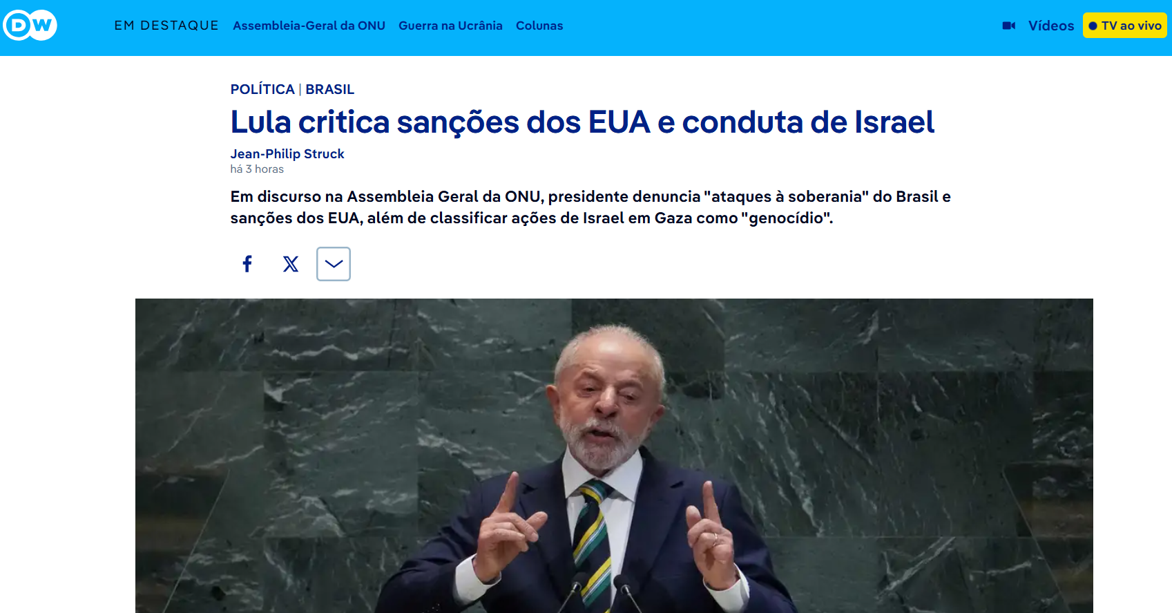 Matéria da emissora alemã DW sobre o discurso de Lula na ONU. 23/09/2025