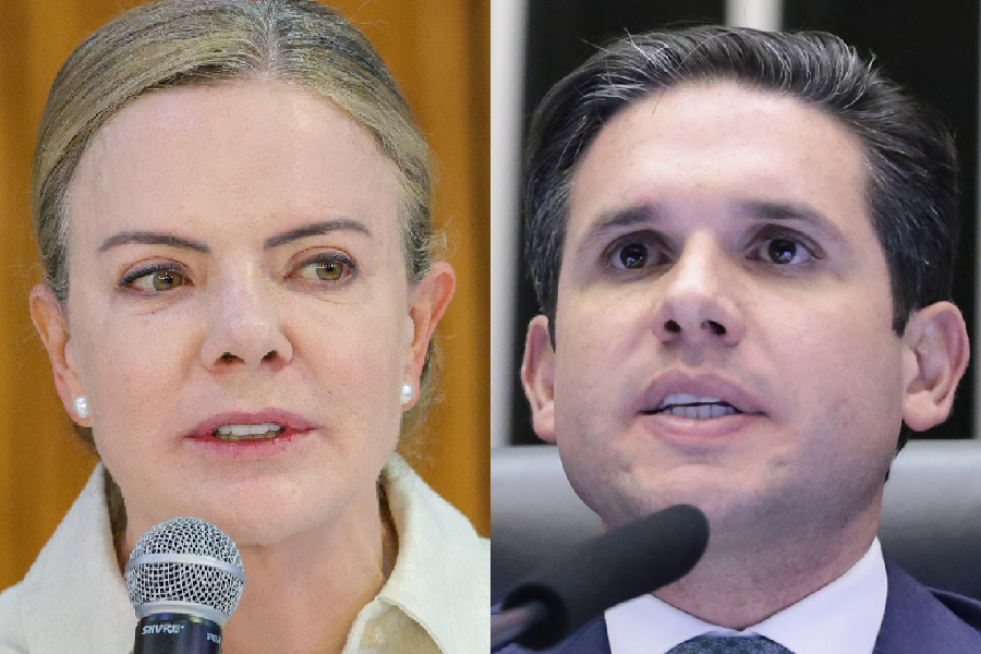 A ministra das Relações Institucionais, Gleisi Hoffmann (PT); e o presidente da Câmara dos Deputados, Hugo Motta (Republicanos-PB)