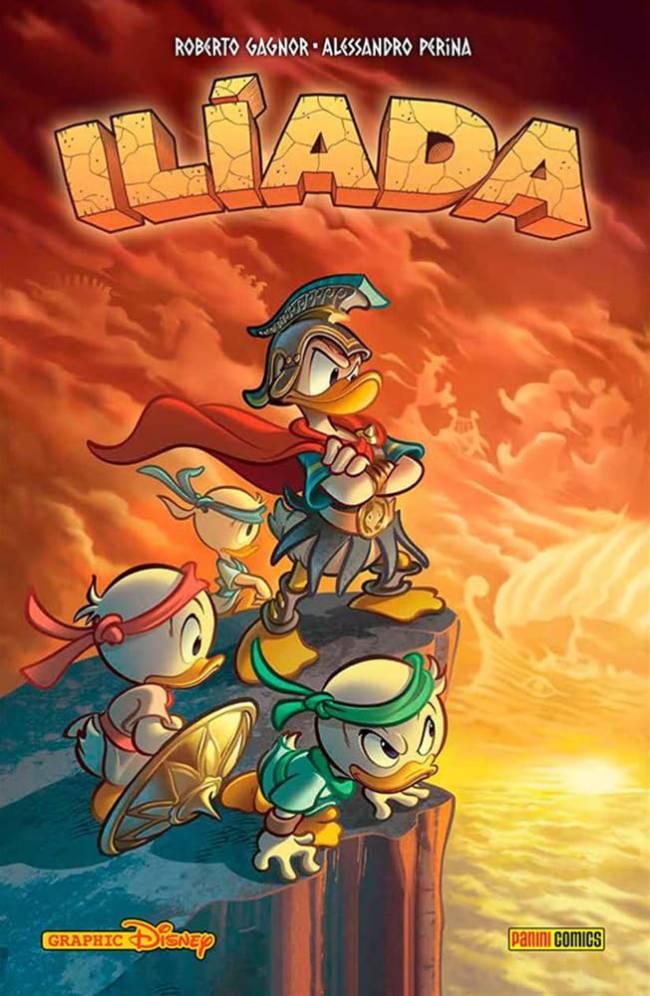 Capa do álbum 'Ilíada', adaptação do poema épico de Homero para o universo Disney, por Roberto Gagnor (texto) e Alessandro Perina (desenhos) -