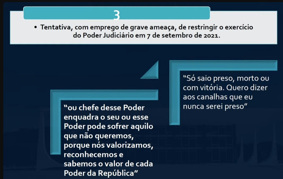 Slide com declara&ccedil;&otilde;es de Jair Bolsonaro apresentado por Alexandre de Moraes durante julgamento do golpe de Estado no STF