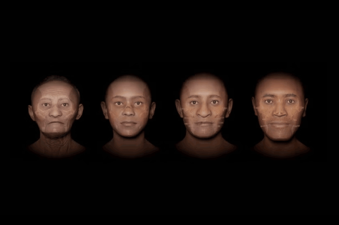 As imagens revelam os traços de uma criança, uma mulher idosa e dois homens sepultados entre os séculos XIII e XVIII com máscaras feitas de cera, argila e milho.