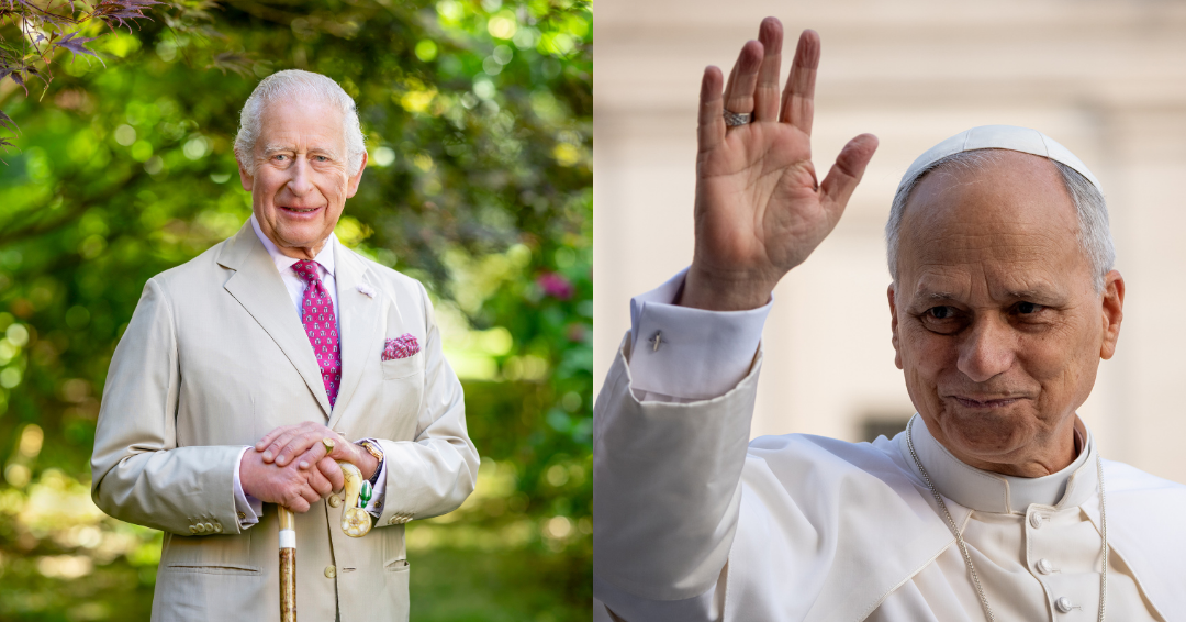 O rei da Inglaterra, Charles III (à esquerda), e o papa Leão XIV (à direita).