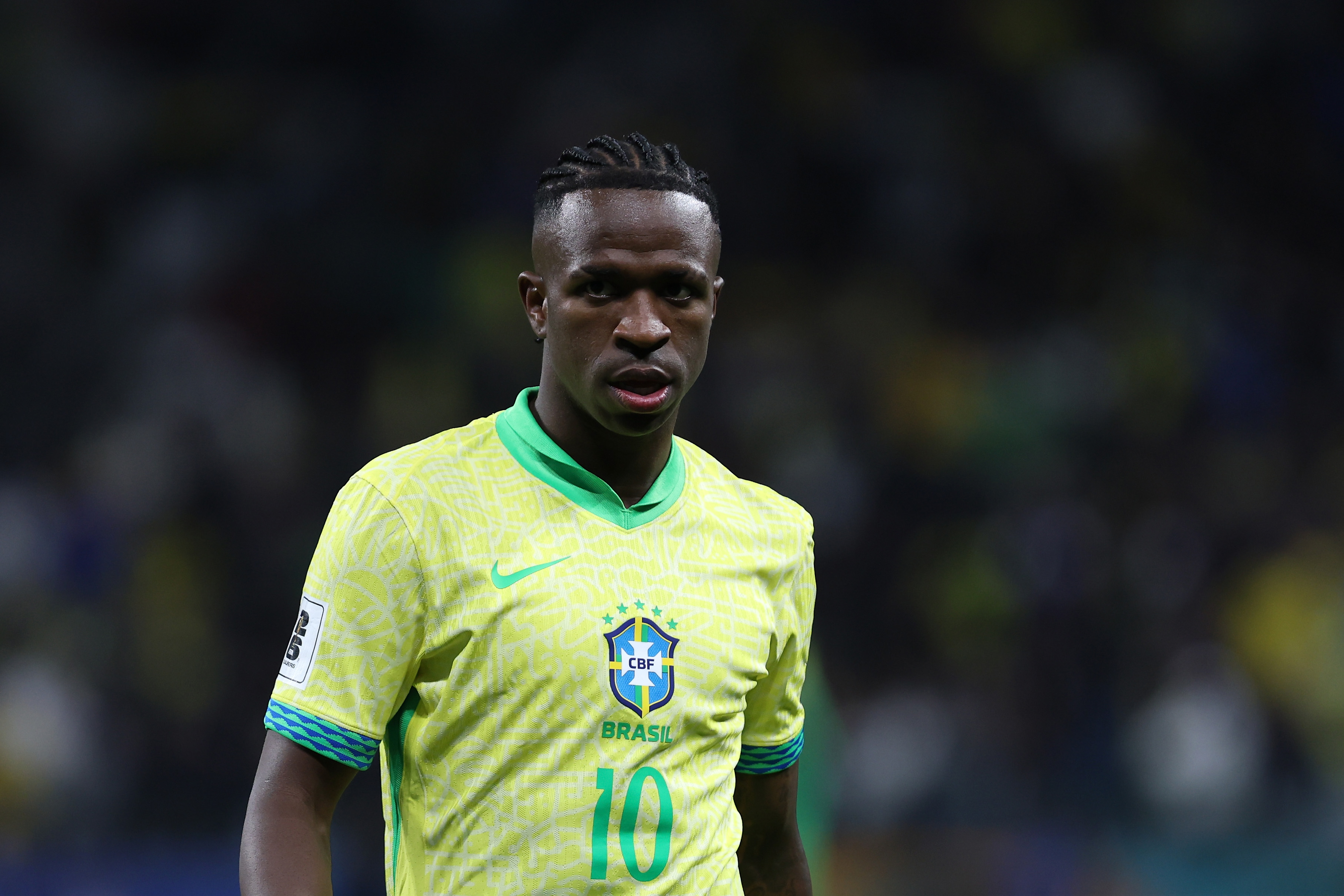 SAO PAULO, BRAZIL - JUNE 10: Vinicius Junior of Brazil looks on during the FIFA World Cup 2026 South American Qualifier between Brazil and Paraguay at Neo Quimica Arena on June 10, 2025 in Sao Paulo, Brazil. (Photo by Ricardo Moreira/Getty Images)