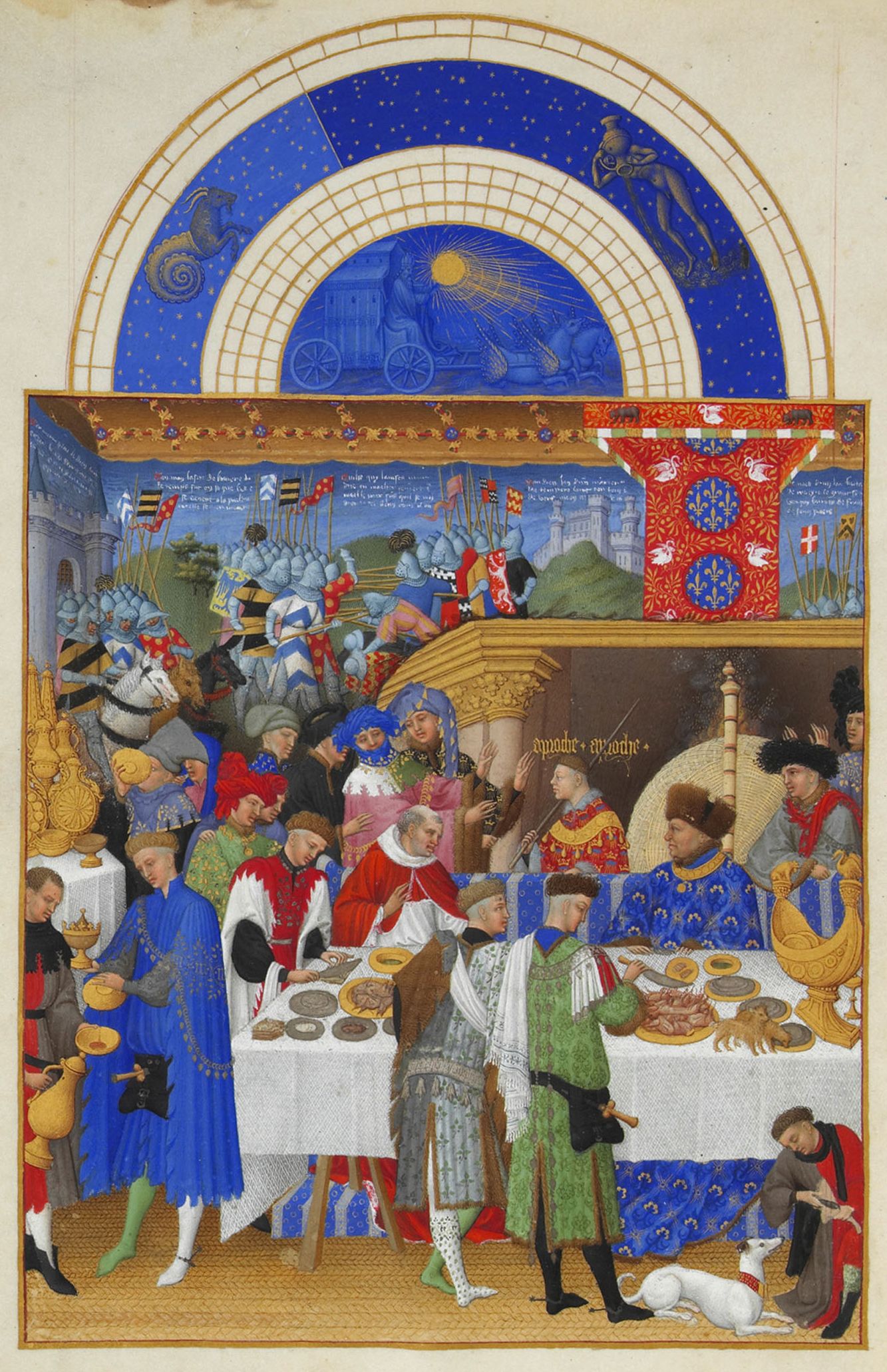 A figura de manto azul é um retrato do próprio Duque de Berry. Mês de Janeiro, do manuscrito Les Très Riches Heures du Duc de Berry (1413–1416), iluminura em pergaminho.