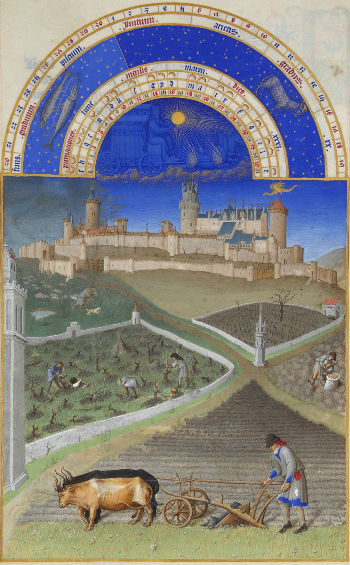 Mês de Março, em Les Très Riches Heures du Duc de Berry (1413–1416), iluminura em pergaminho
