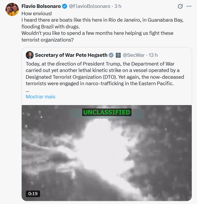 Flavio Bolsonaro Publicação de senador ocorreu na manhã desta quinta-feira, 23