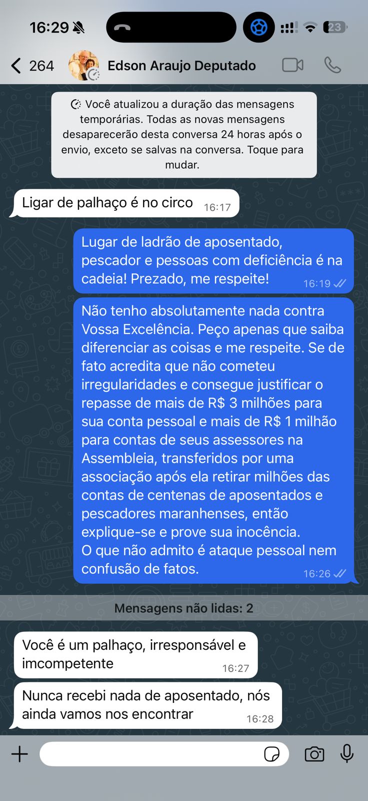 Print juntado por Duarte Jr em boletim de ocorrência por ameaça