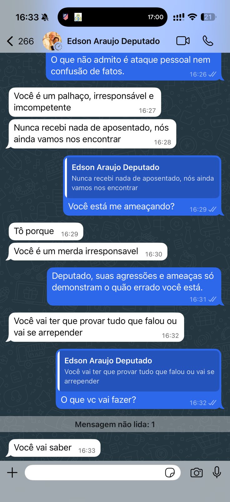Print juntado por Duarte Jr em boletim de ocorrência por ameaça