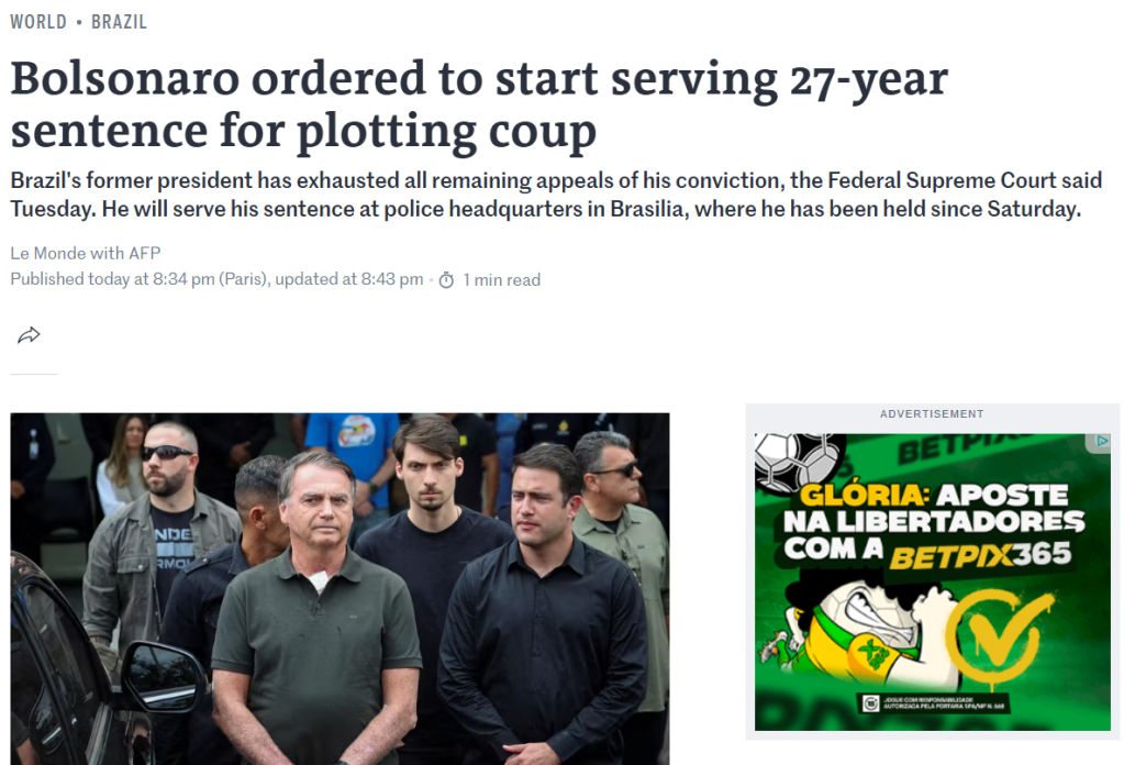 Matéria do jornal francês Le Monde sobre prisão de Jair Bolsonaro. 25/11/2025