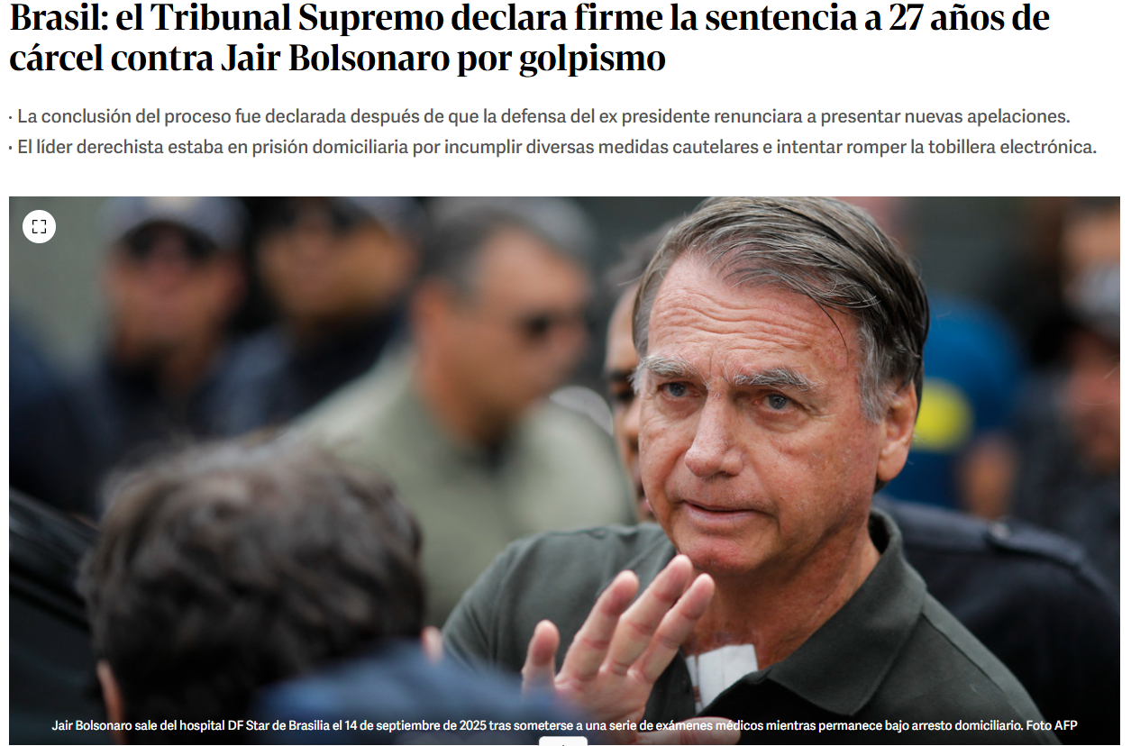 Matéria do jornal argentino Clarín sobre prisão de Jair Bolsonaro. 25/11/2025