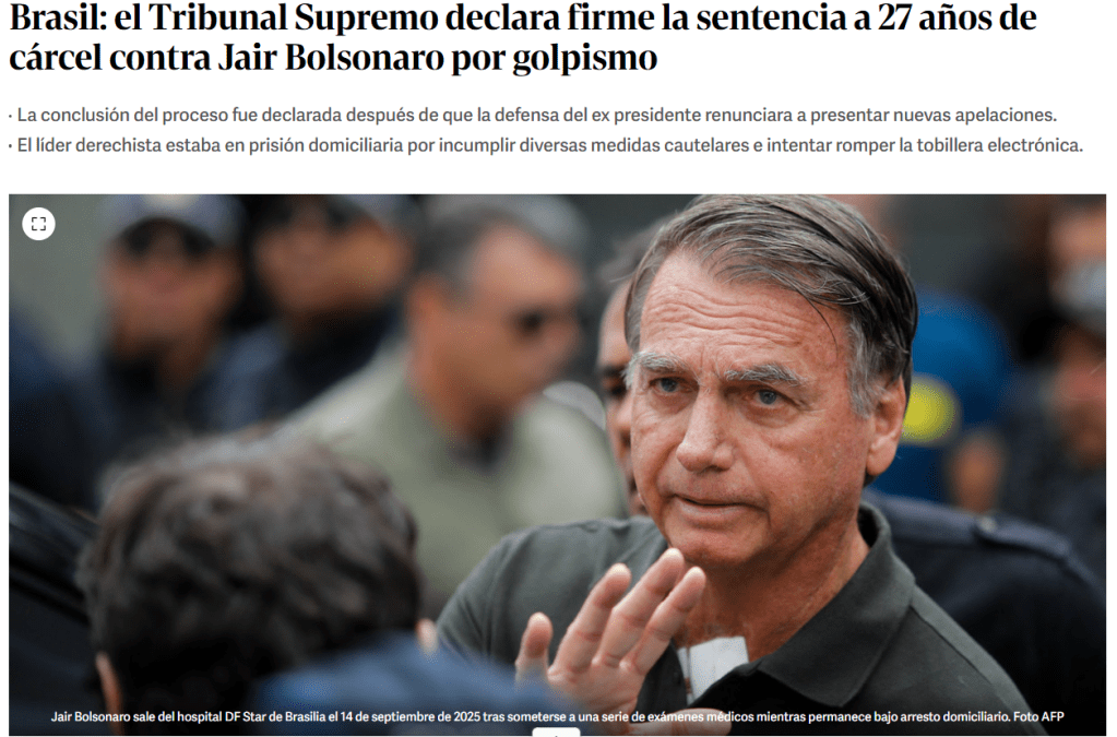 Matéria do jornal argentino Clarín sobre prisão de Jair Bolsonaro. 25/11/2025