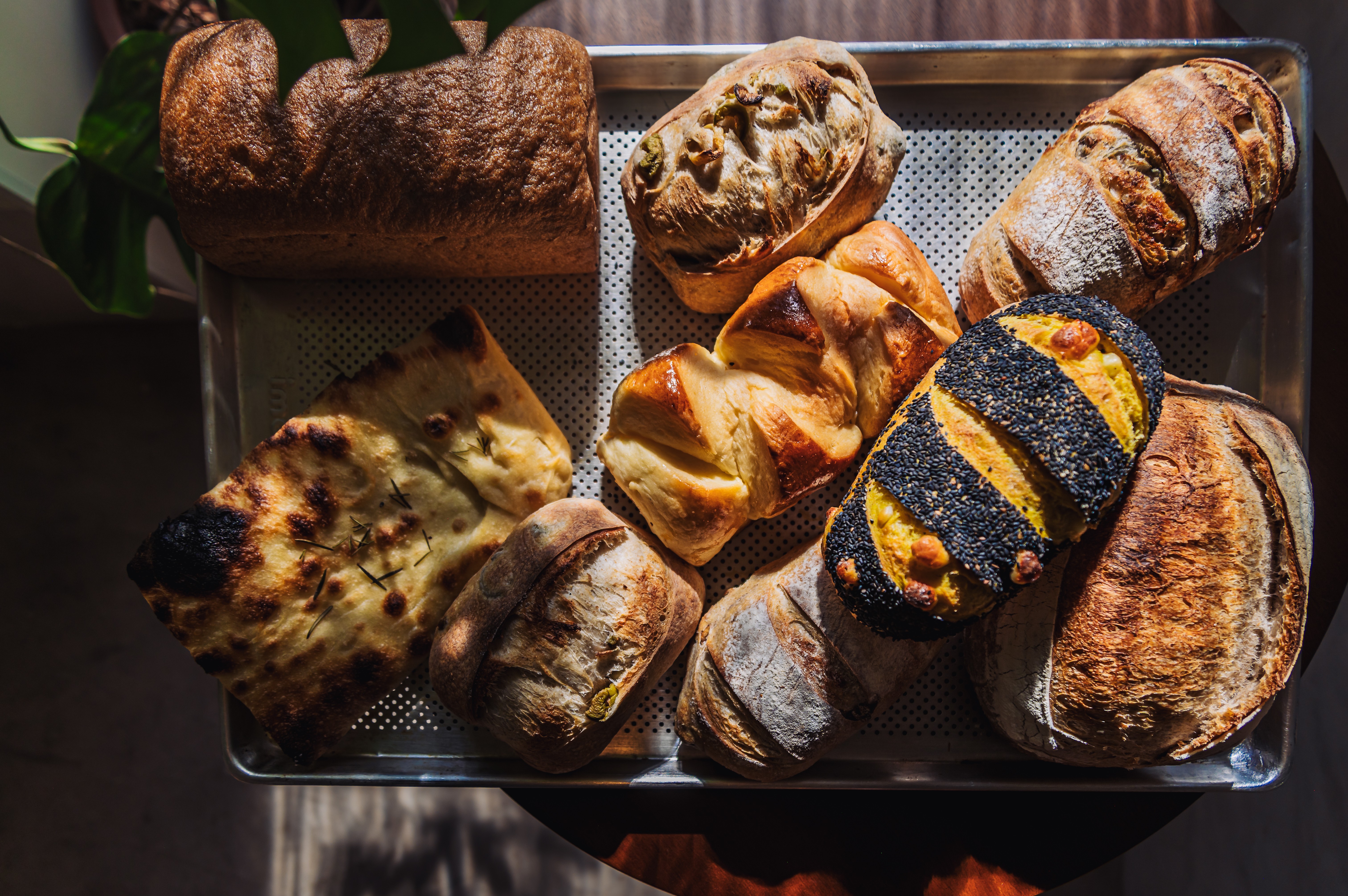 Variedade de p&atilde;es artesanais frescos em uma bandeja met&aacute;lica perfurada, incluindo um p&atilde;o de forma, p&atilde;es r&uacute;sticos redondos, um p&atilde;o com listras pretas de gergelim e uma focaccia com alecrim, sob luz natural