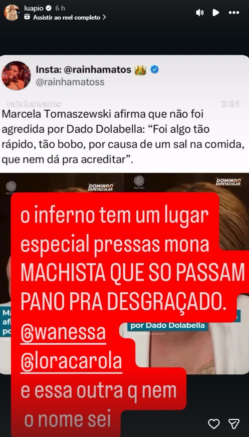 Post de Luana Piovani sobre entrevista de Dado Dolabella