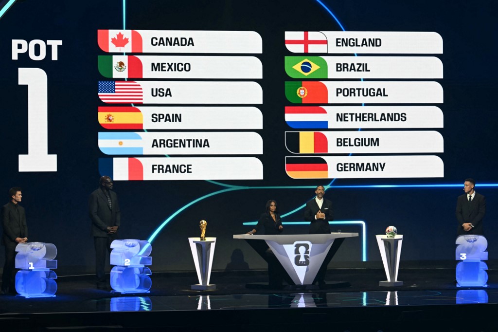 POT 1 Group nations are displayed on a screen during the draw for the 2026 FIFA Football World Cup taking place in the US, Canada and Mexico, at the Kennedy Center, in Washington, DC, on December 5, 2025. (Photo by Jim WATSON / AFP)