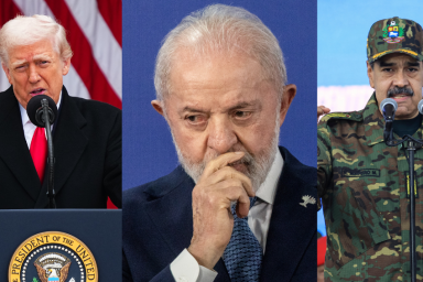 Os presidentes Donald Trump (à esquerda), Luiz Inácio Lula da Silva (ao centro) e Nicolás Maduro (à direita).