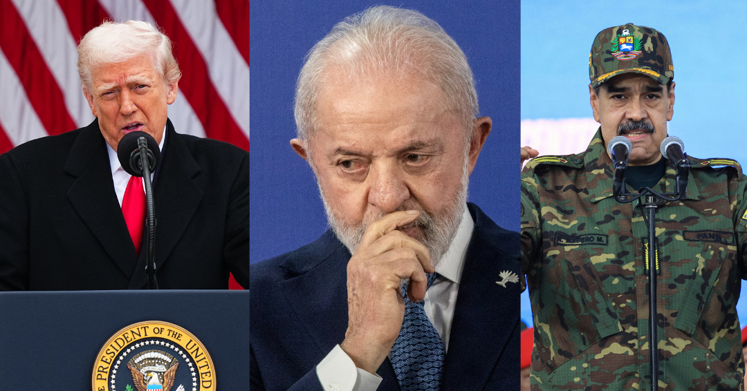 Os presidentes Donald Trump (à esquerda), Luiz Inácio Lula da Silva (ao centro) e Nicolás Maduro (à direita).