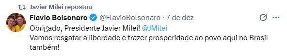 Flávio agradece publicação de Milei sobre sua pré-candidatura