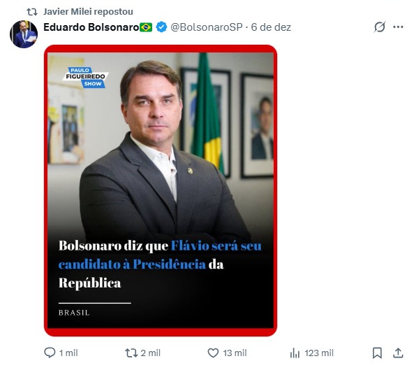Javier Milei reposta anúncio da candidatura de Flávio nas redes