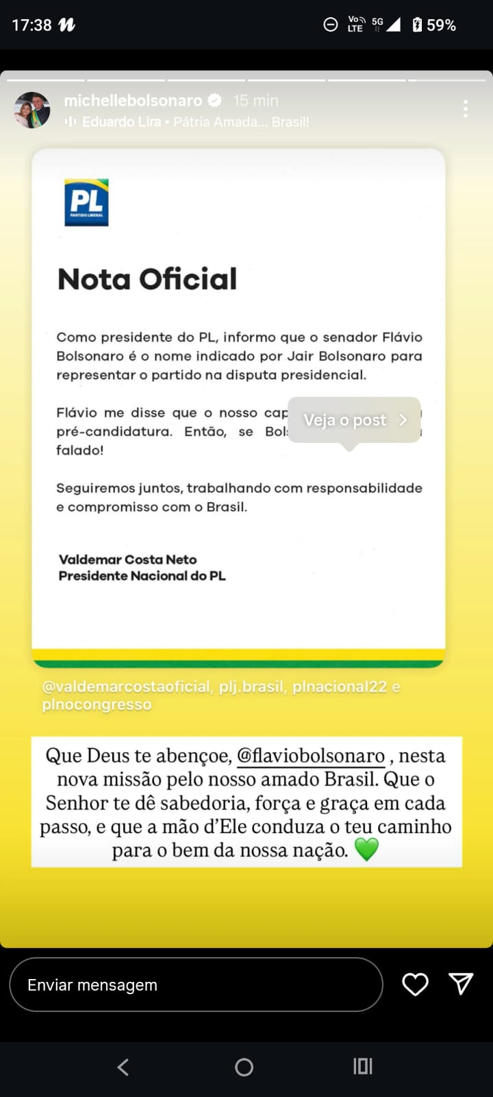 Post de Michelle sobre Flávio Bolsonaro
