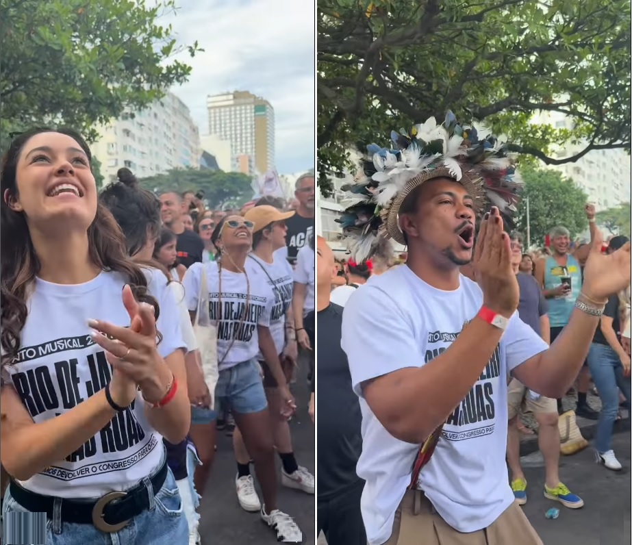 Atores de ‘Três Graças’ se empolgam em ato contra anistia no Rio