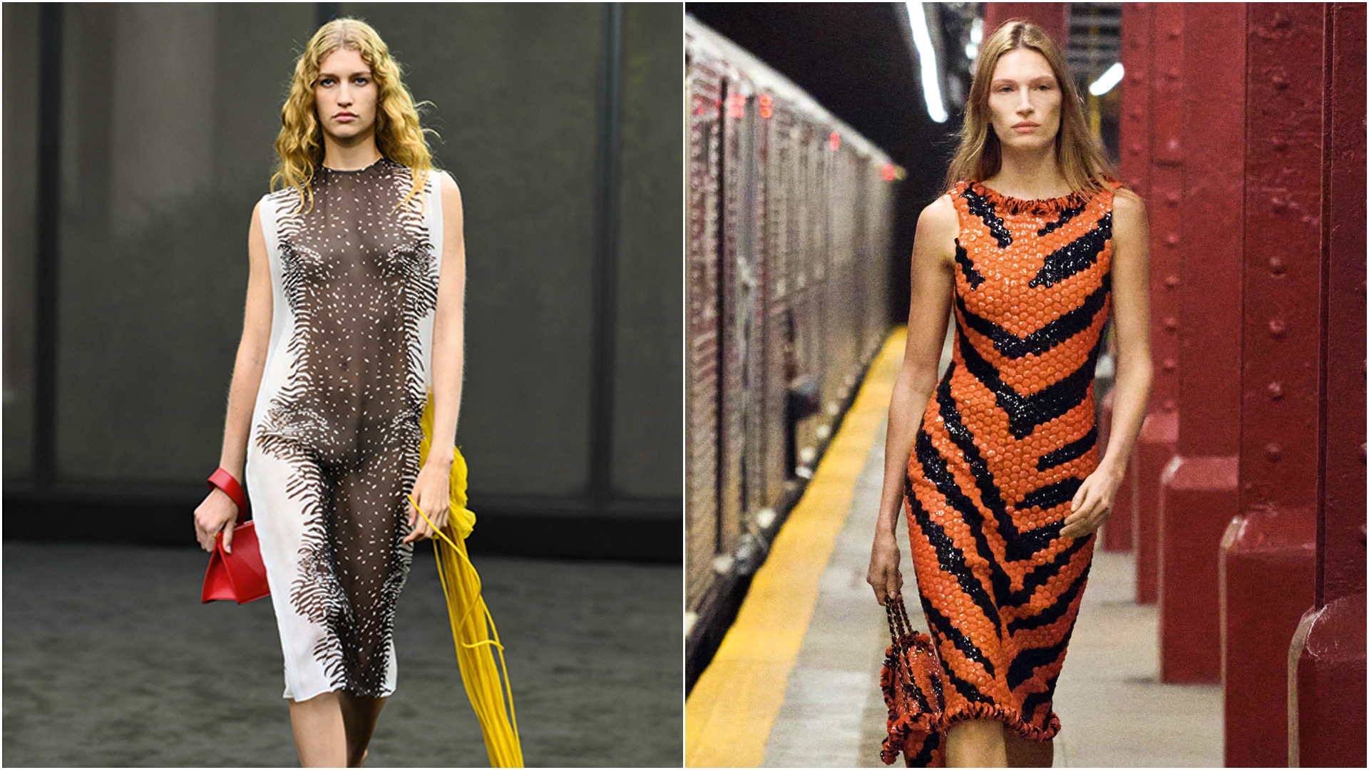 DISCRIÇÃO - A padronagem da Ferragamo (à esq.), diluída em tecidos nobres, e a proposta da Chanel (à dir.): na nova linguagem, miar é melhor que rugir