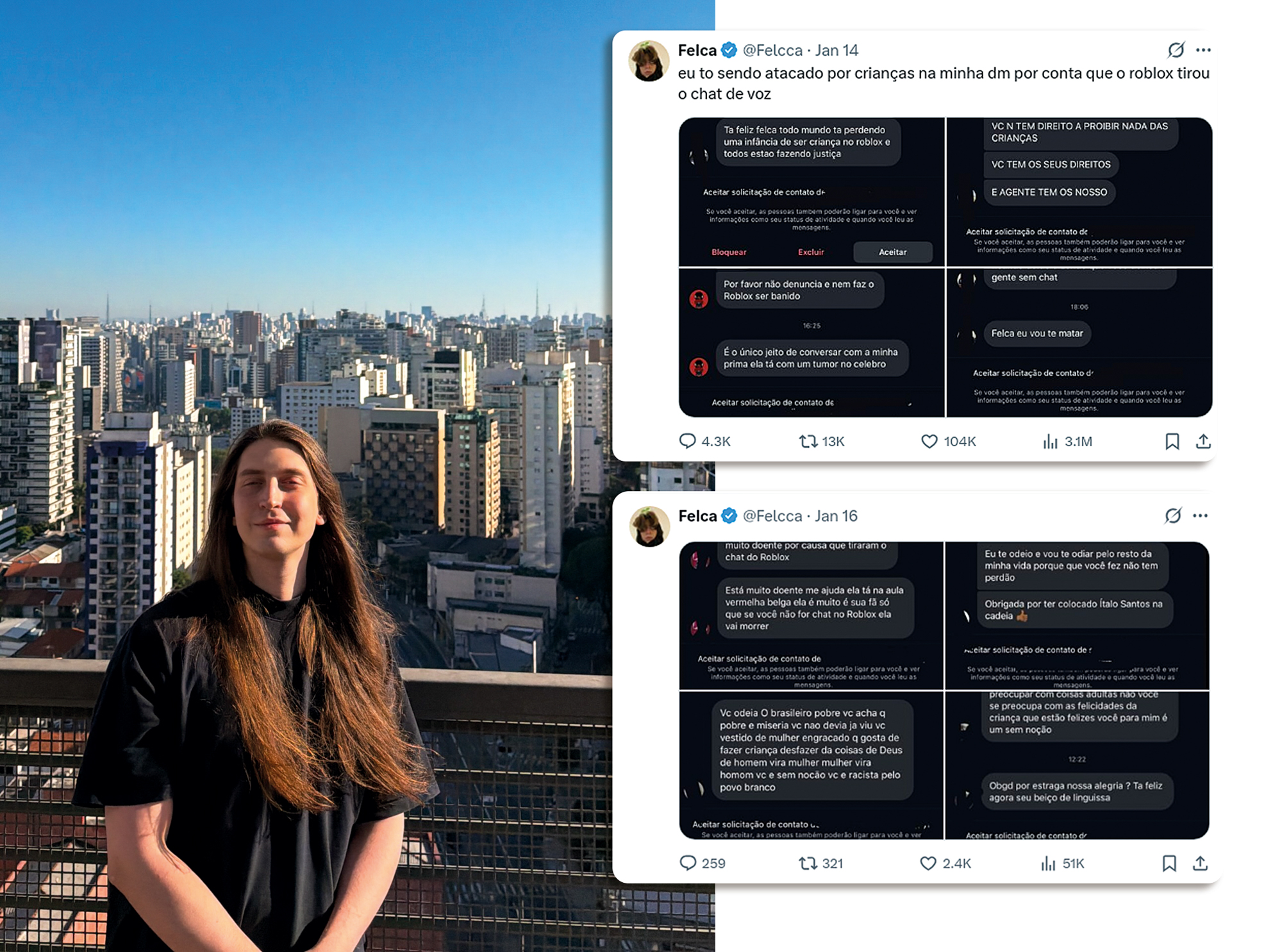 ATAQUES - Felca, que denunciou episódio de pedofilia e “adultização” de crianças nas redes sociais: gritos de supostas crianças que seriam usuárias da comunidade (ao lado)