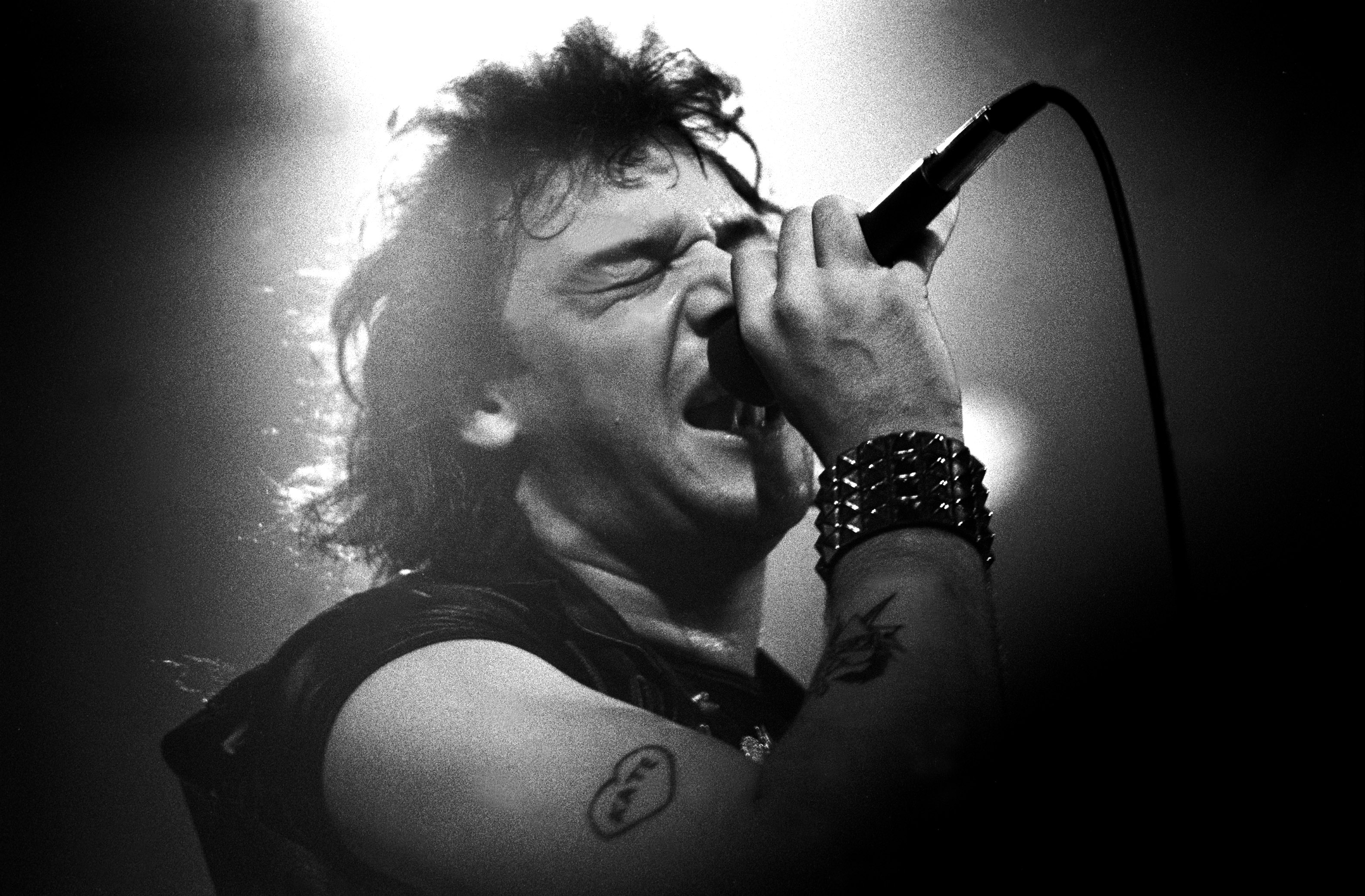 British heavy metal band Iron Maiden performs at Pointe East during their Killer World Tour, Lynwood, Illinois, June 26, 1981. Pictured is Paul Di'Anno. (Photo by Paul Natkin/Getty Images)
