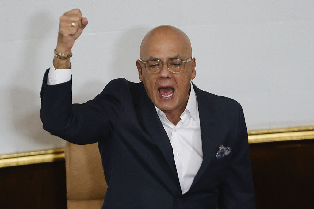 CARACAS, VENEZUELA - DECEMBER 17: Venezuela's National Assembly President Jorge Rodriguez leads an extraordinary session to discuss U.S. President Donald Trump's order to blockade sanctioned oil tankers entering and leaving Venezuela, in Caracas, Venezuela December 17, 2025. (Photo by Pedro Mattey/Anadolu via Getty Images)