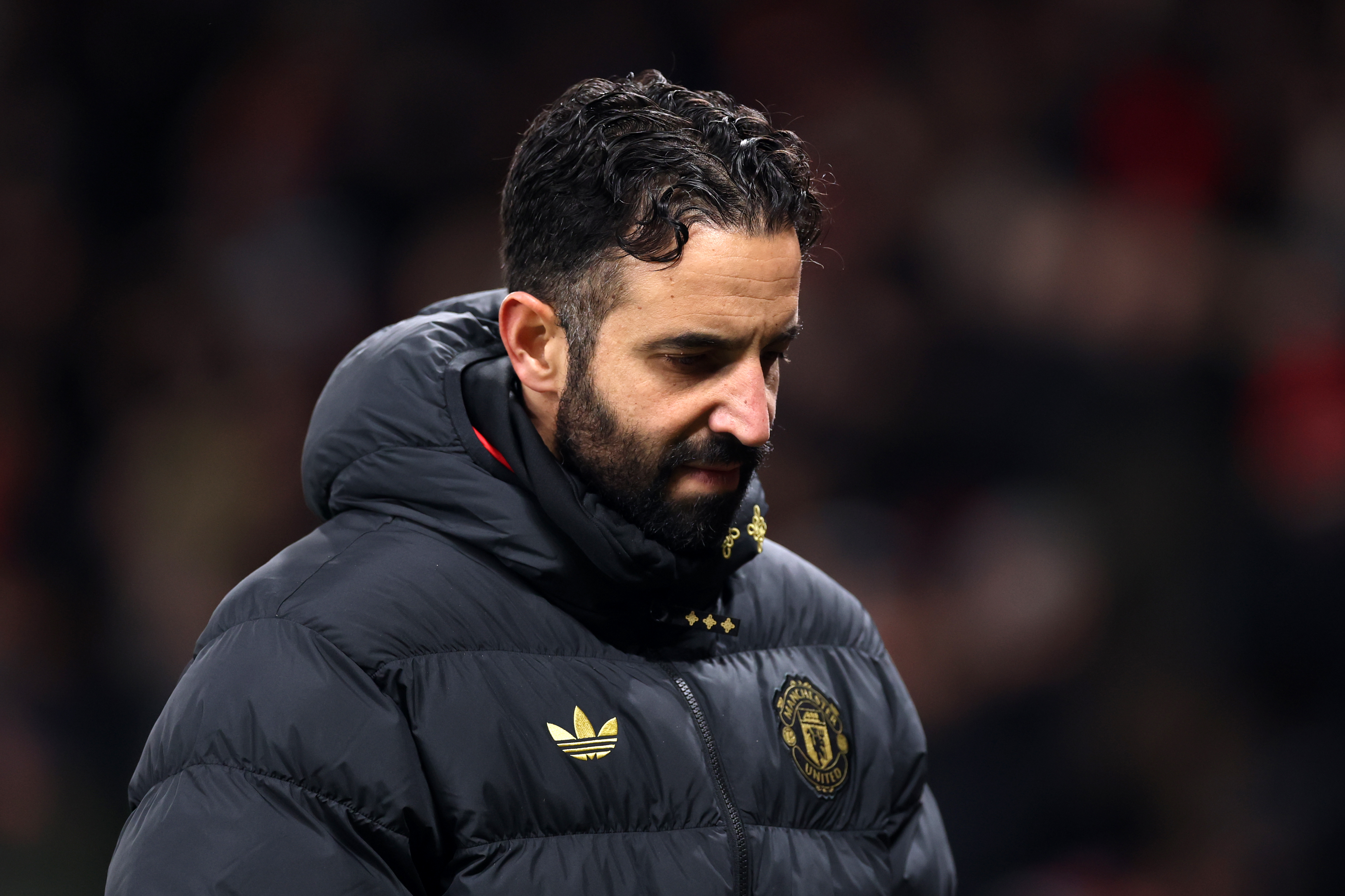 MANCHESTER, ENGLAND - DECEMBER 30: Ruben Amorim, Manager of Manchester United, looks on at half time during the Premier League match between Manchester United and Wolverhampton Wanderers at Old Trafford on December 30, 2025 in Manchester, England. (Photo by Carl Recine/Getty Images)
