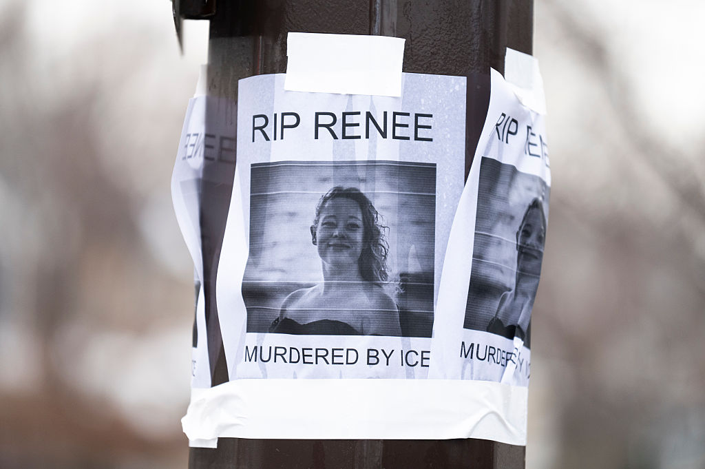 MINNEAPOLIS, MINNESOTA - JANUARY 08: A portrait of Renee Nicole Good is pasted to a light pole near the site of her shooting on January 08, 2026 in Minneapolis, Minnesota. According to federal officials, an ICE agent shot and killed Good during a confrontation yesterday in south Minneapolis. (Photo by Stephen Maturen/Getty Images)