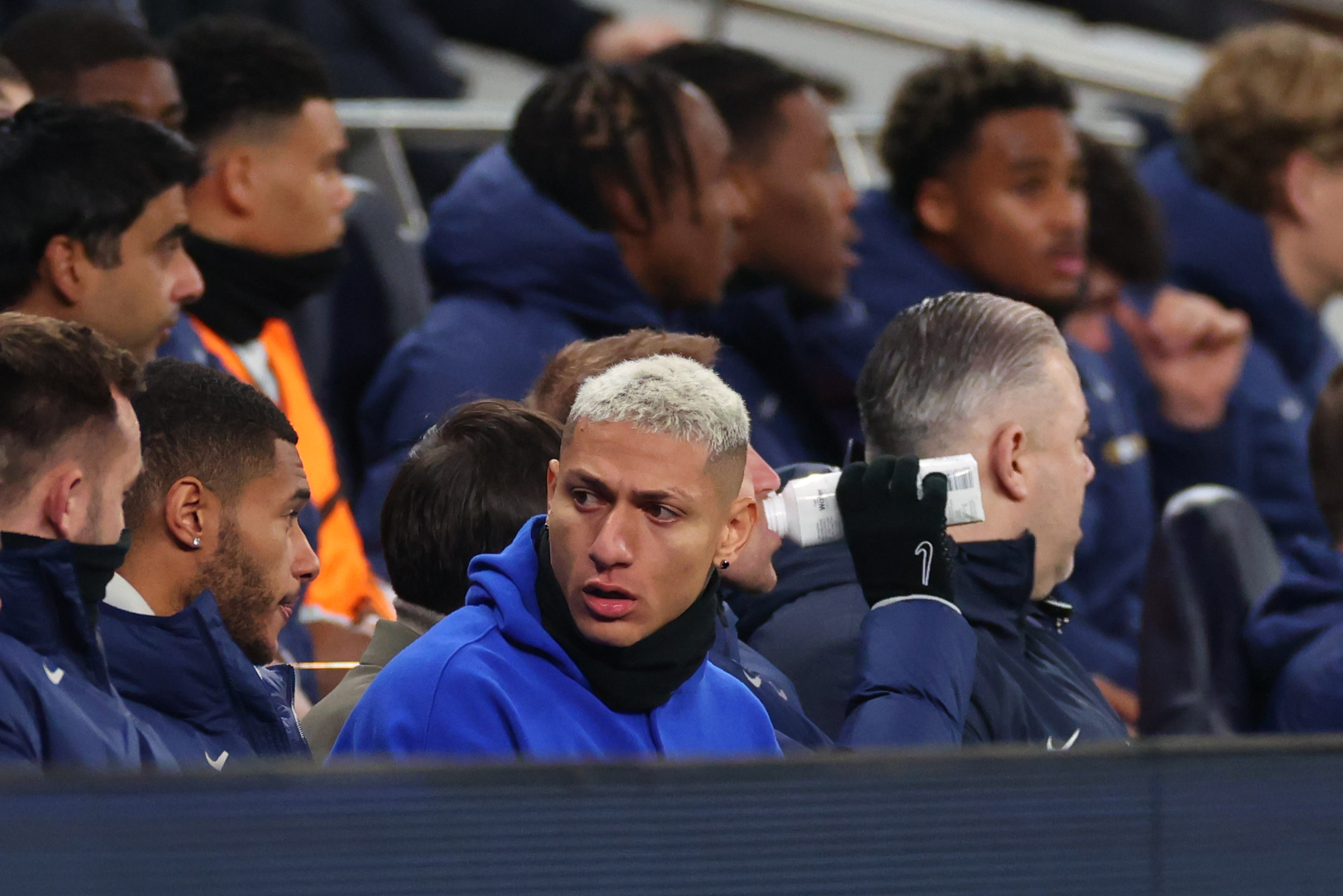 LONDON, ENGLAND - JANUARY 17: The injured Richarlison of Tottenham Hotspur looks on during the Premier League match between Tottenham Hotspur and West Ham United at Tottenham Hotspur Stadium on January 17, 2026 in London, England. (Photo by Marc Atkins/Getty Images)