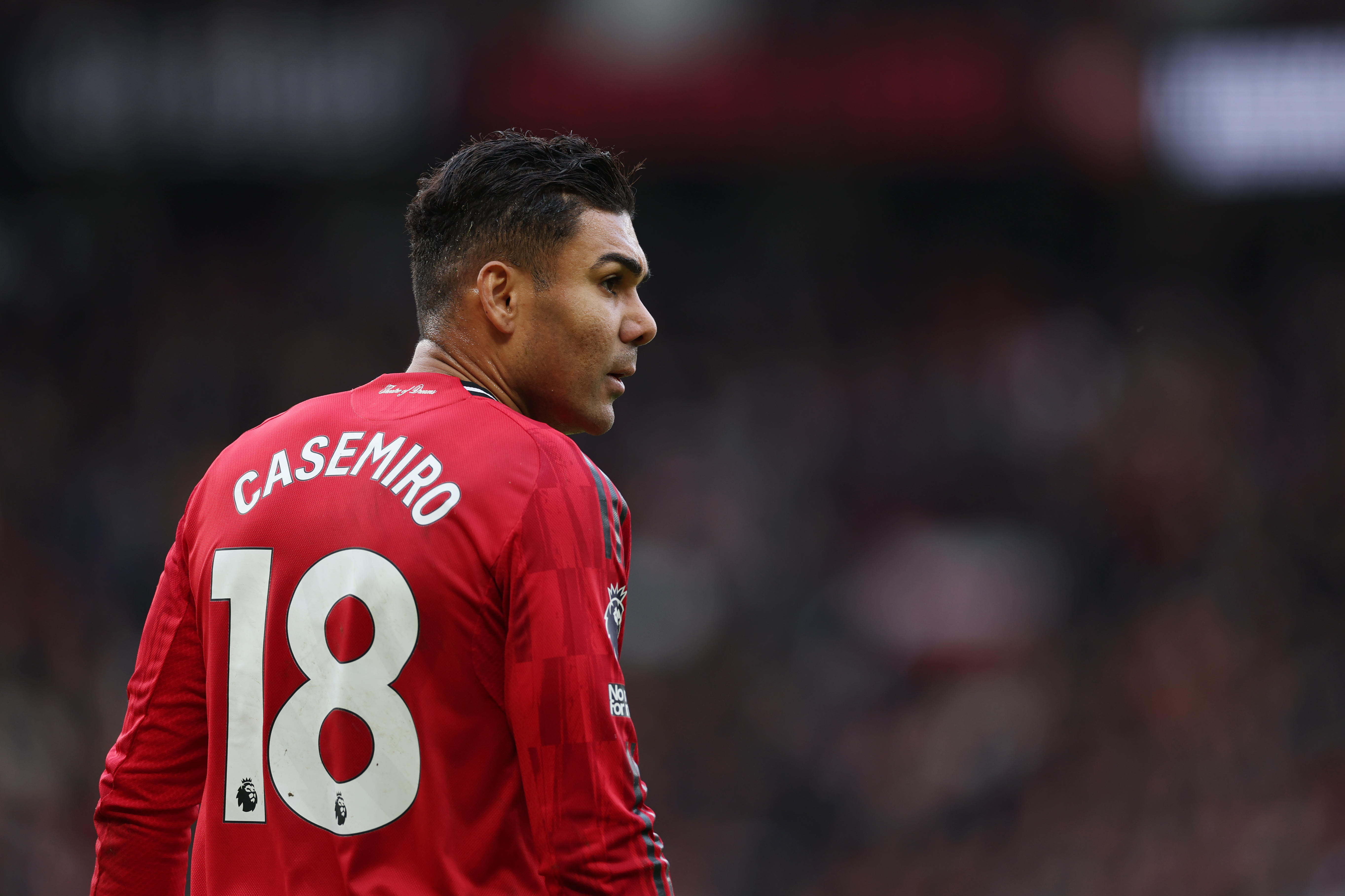 MANCHESTER, ENGLAND - JANUARY 17: Casemiro of Manchester United looks on during the Premier League match between Manchester United and Manchester City at Old Trafford on January 17, 2026 in Manchester, England. (Photo by Michael Regan/Getty Images)