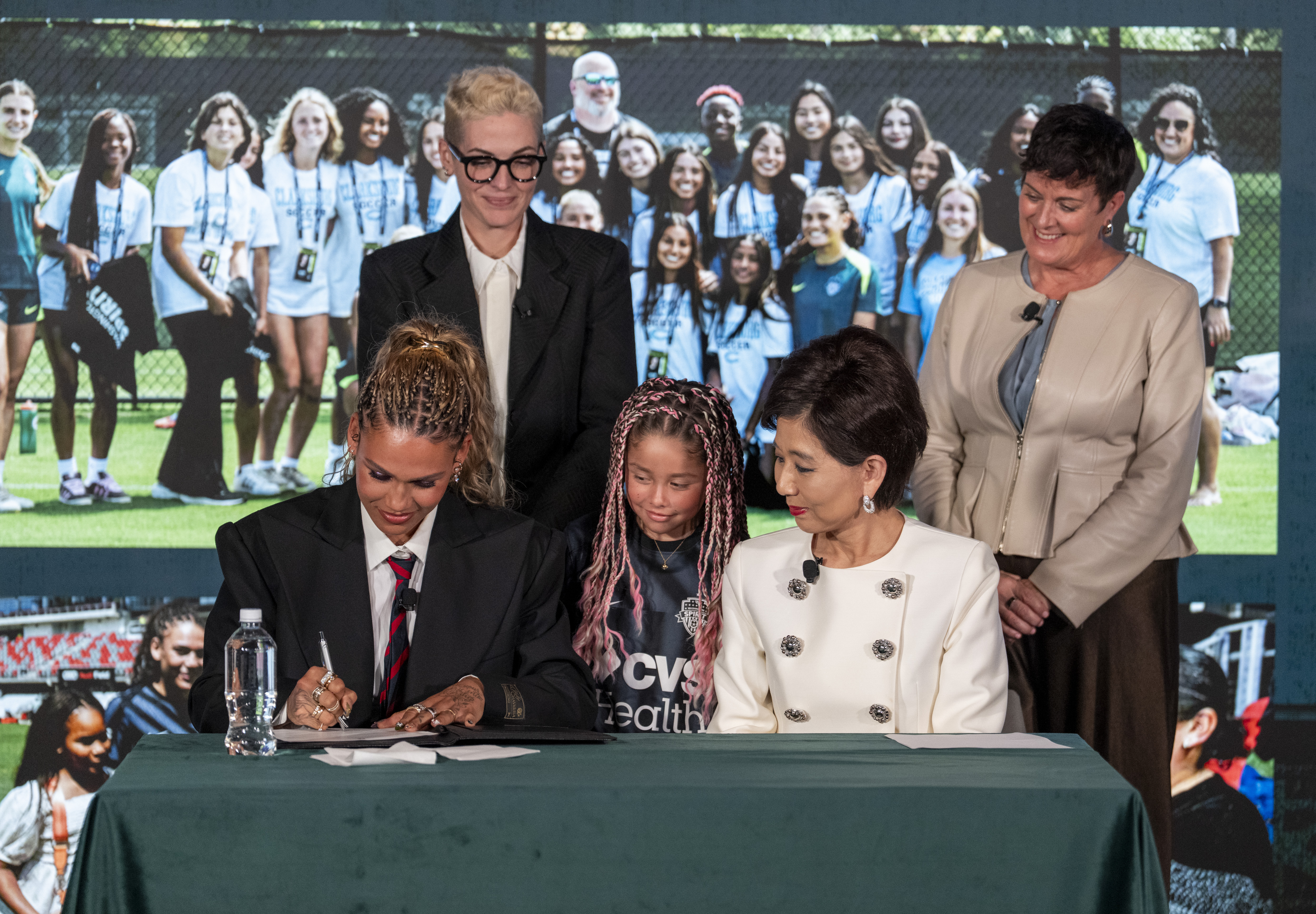 LOS ANGELES, CA - JANUARY 22: Trinity Rodman of the United States re-signs with her club team, the Washington Spirit, alongside club owner Michele Kang during a press conference at BMO Stadium on January 22, 2026 in Los Angeles , California. (Photo by Brad Smith/ISI Photos/USSF/Getty Images)