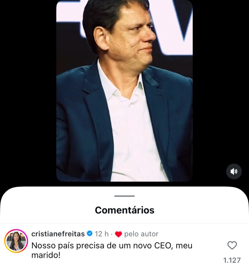 Primeira-dama paulista dá a entender que quer que seu marido, o governador Tarcísio de Freitas dispute Presidência da República em 2026