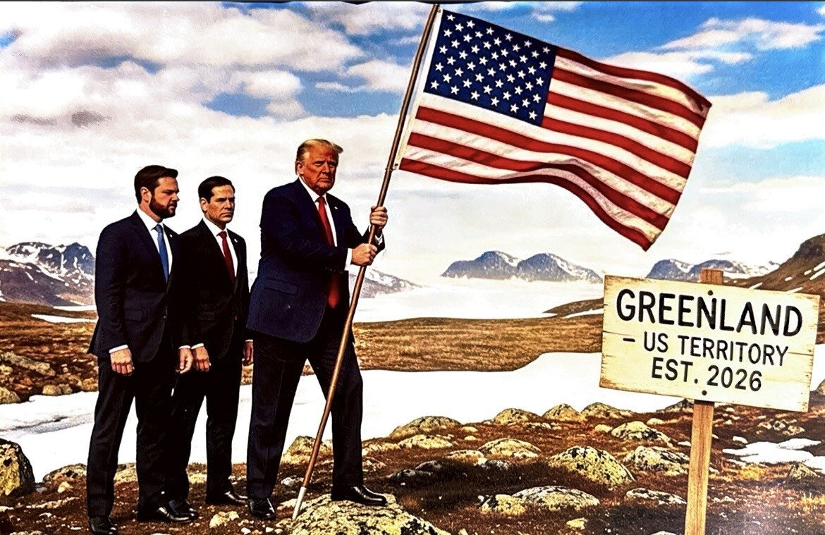 Imagem feita com Inteligência Artificial compartilhada por Trump: bandeira dos EUA na Groenlândia.