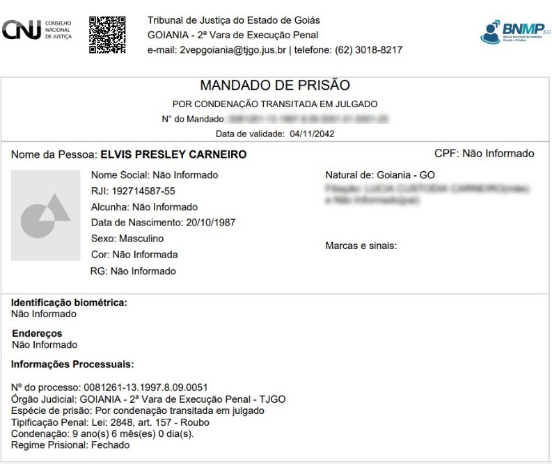 Um dos mandados de pris&atilde;o em aberto contra Elvis Presley Carneiro