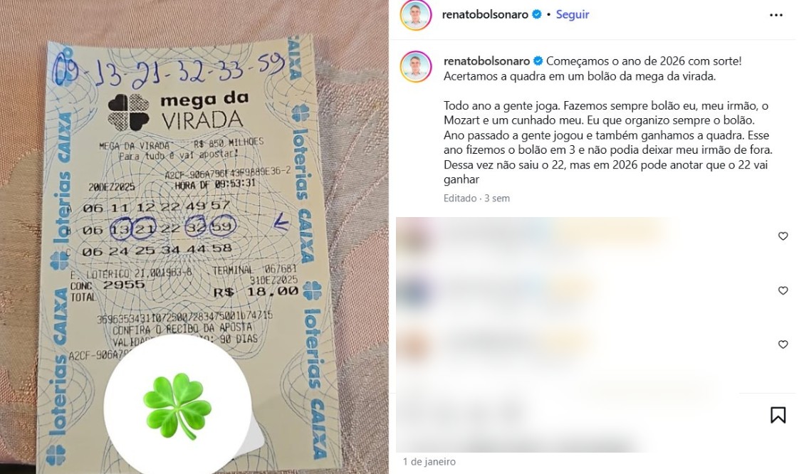 No dia 1º de janeiro, Renato publicou o bilhete para informar que fizeram a quadra