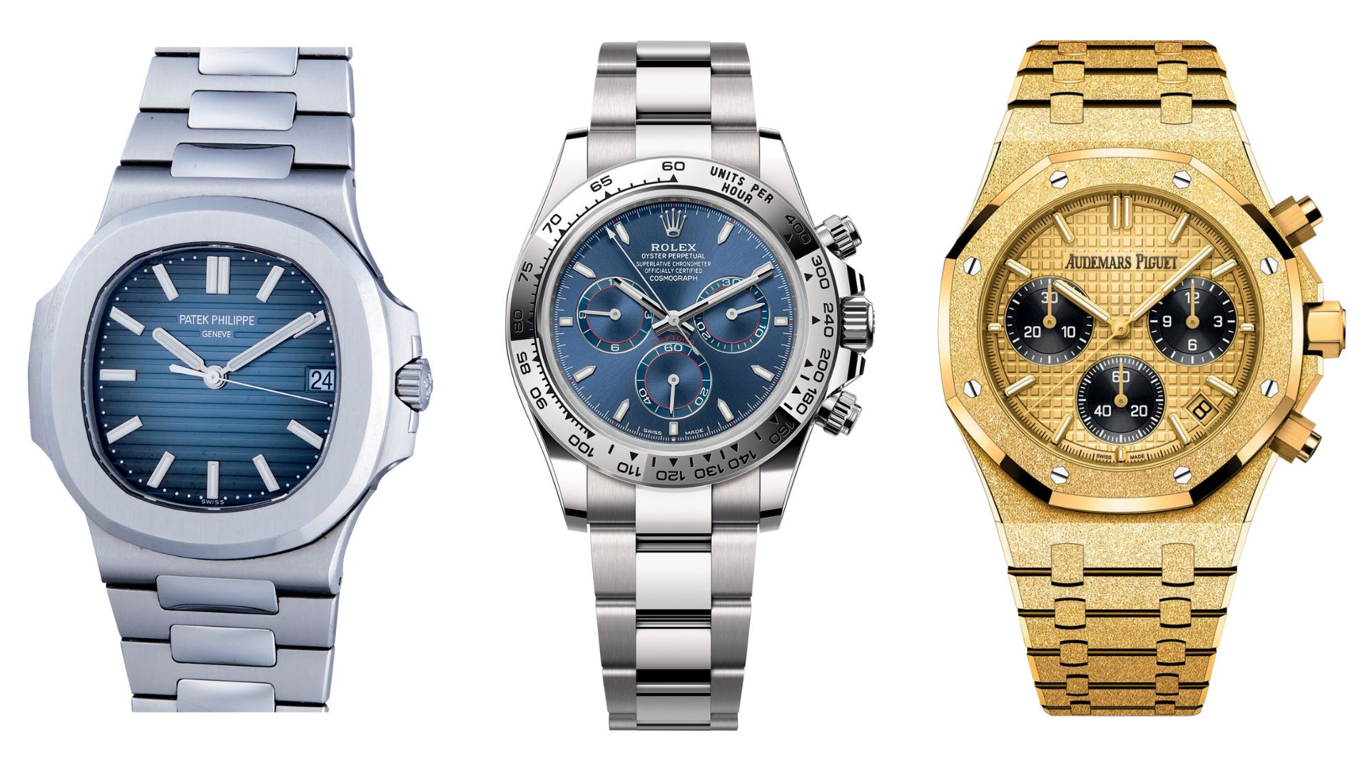TRIO DE PESO -&ensp;Patek Philippe, Rolex e Audemars Piguet (da esq. para a dir.): exemplares disputados nas lojas que ficam mais caros conforme envelhecem