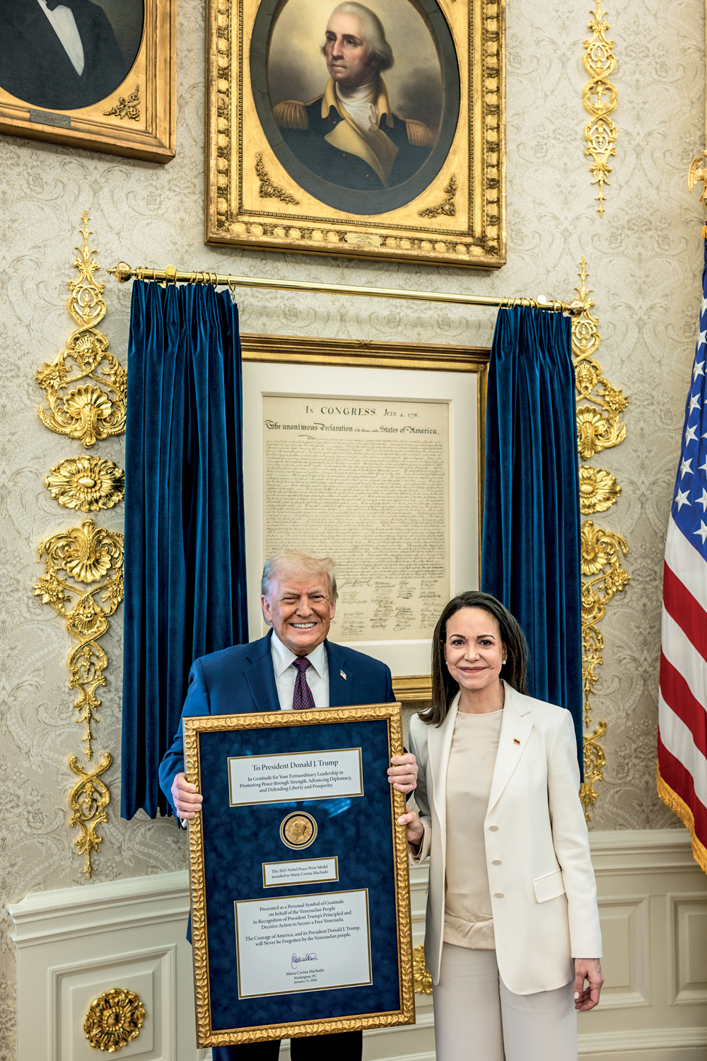 APELO -&ensp;Trump e Mar&iacute;a Corina: na esperan&ccedil;a de elei&ccedil;&atilde;o, ela deu a ele sua medalha de Nobel da Paz
