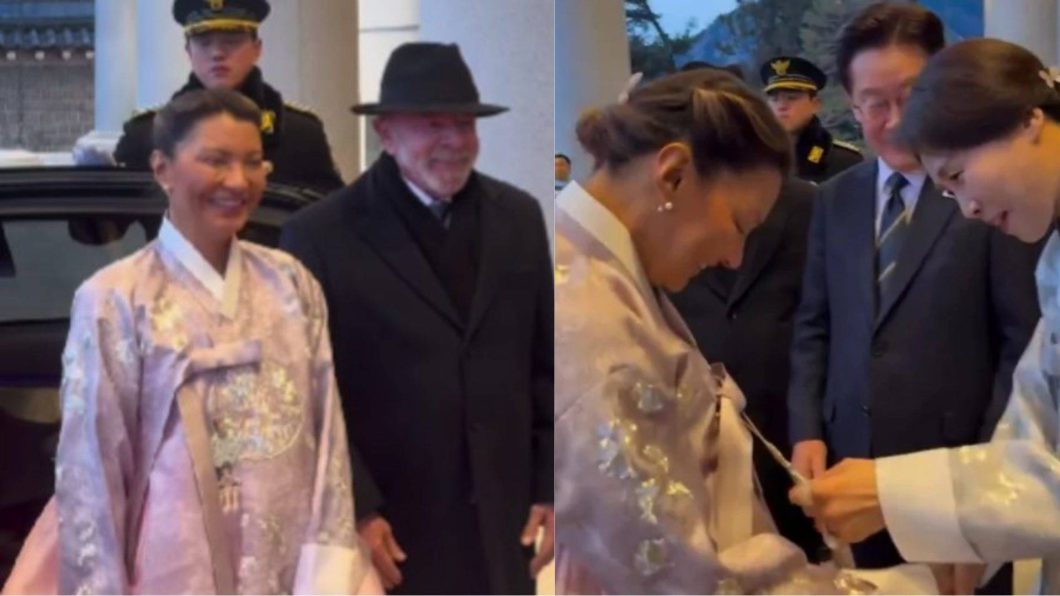 Janja e Lula com primeira-dama Kim Hye-kyung: homenagem da primeira dama brasileira à cultura do país anfitrião
