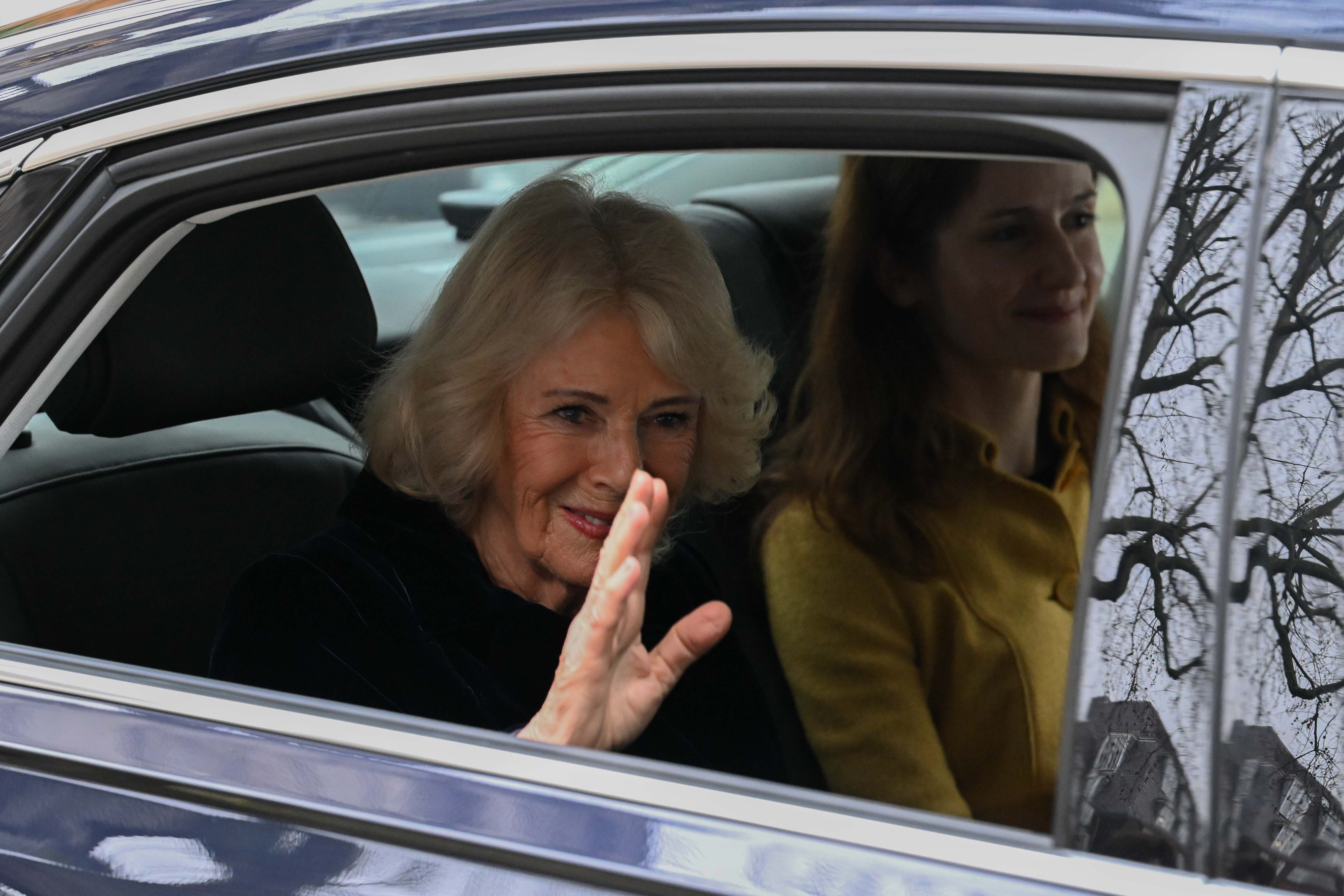 Queen Camilla leaves Sinfonia Smith Square Hall after visit in London